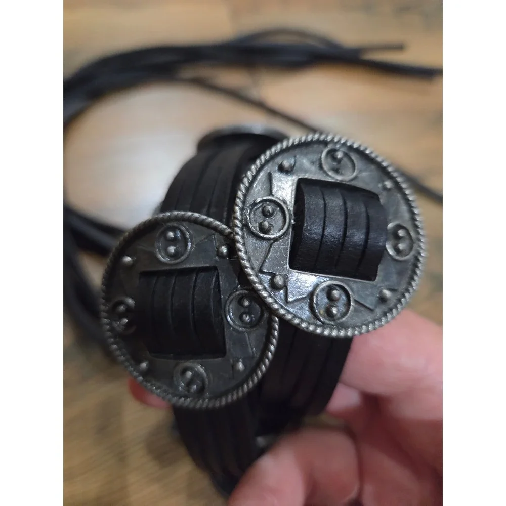 Boho Festival Hippie Black Leather Concho Belt Fringe Tie Silver Wrap Country